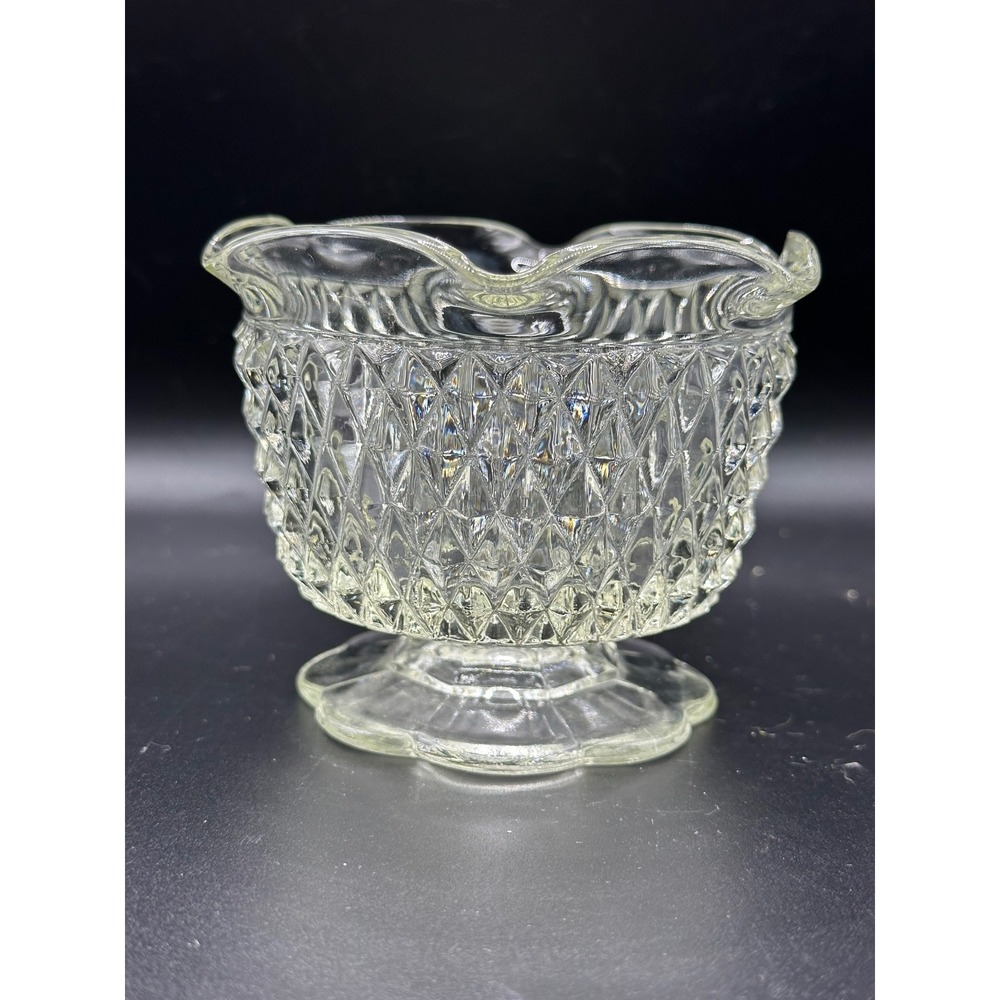 Vintage Clear Pressed Glass Ruffled Pedestal Bowl Diamond Point Pattern